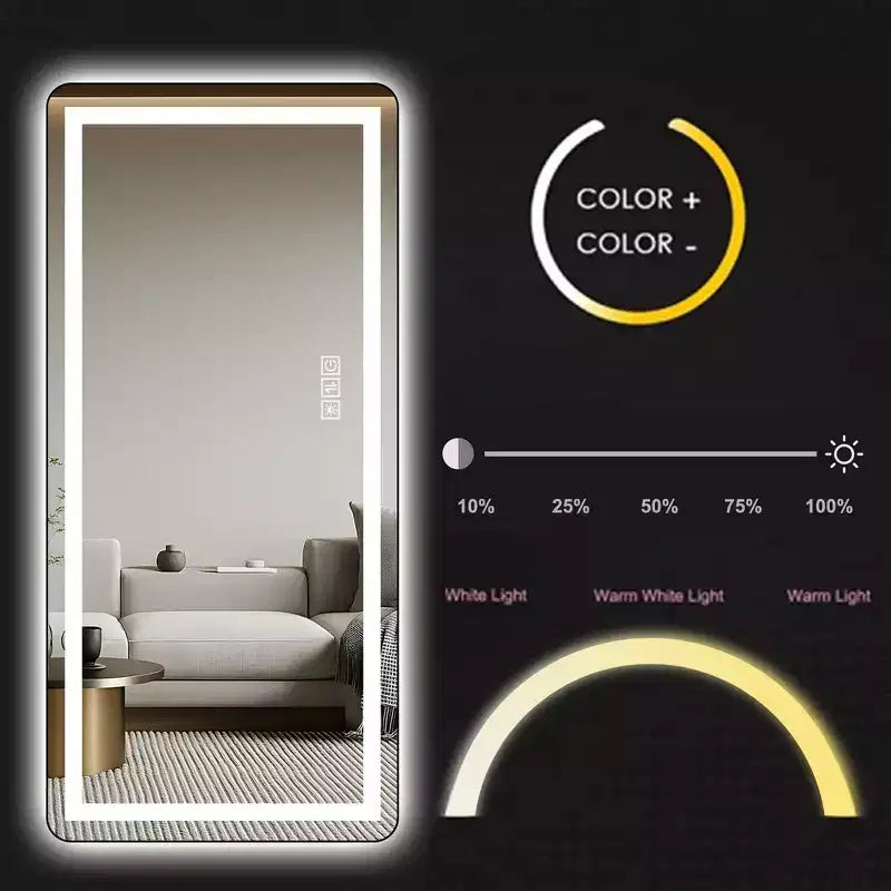 Full-Length Dressing Mirror with 3-Color Dimmable Light and Aluminum Frame, Wall Mount or Floor Bracket Standing, 21x64 - Black