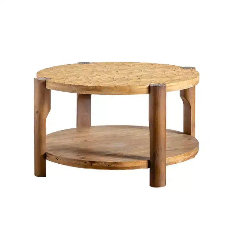 CLIHOME Mid Century Round Coffee Table with Solid Wood for Living Room, 2-Tier Round Coffee Table with Storage Shelf