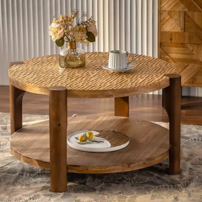 Mid Century Round Coffee Table with Solid Wood for Living Room, 2-Tier Round Coffee Table with Storage Shelf