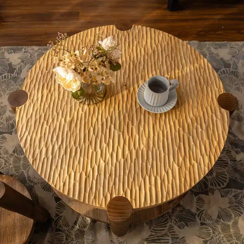 Mid Century Round Coffee Table with Solid Wood for Living Room, 2-Tier Round Coffee Table with Storage Shelf