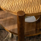Mid Century Round Coffee Table with Solid Wood for Living Room, 2-Tier Round Coffee Table with Storage Shelf