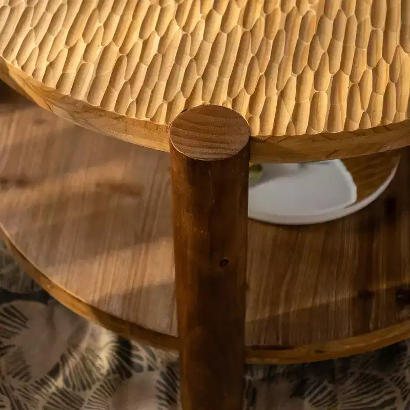 Mid Century Round Coffee Table with Solid Wood for Living Room, 2-Tier Round Coffee Table with Storage Shelf