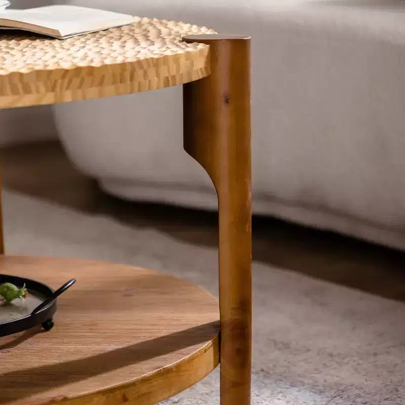 Mid Century Round Coffee Table with Solid Wood for Living Room, 2-Tier Round Coffee Table with Storage Shelf
