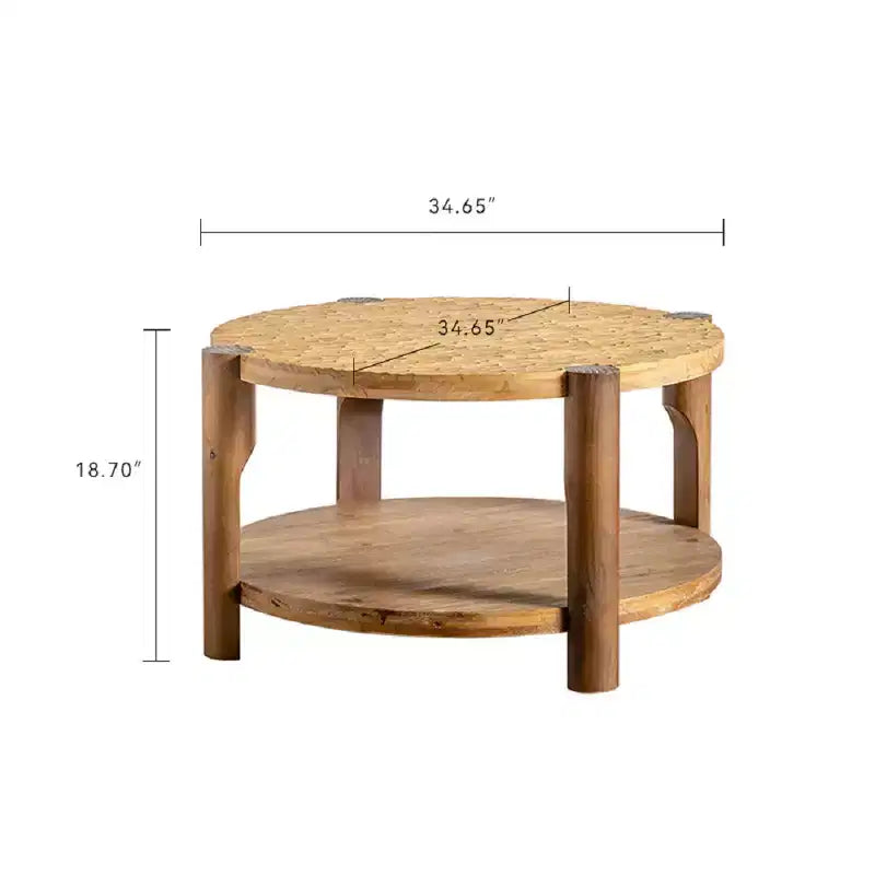 Mid Century Round Coffee Table with Solid Wood for Living Room, 2-Tier Round Coffee Table with Storage Shelf