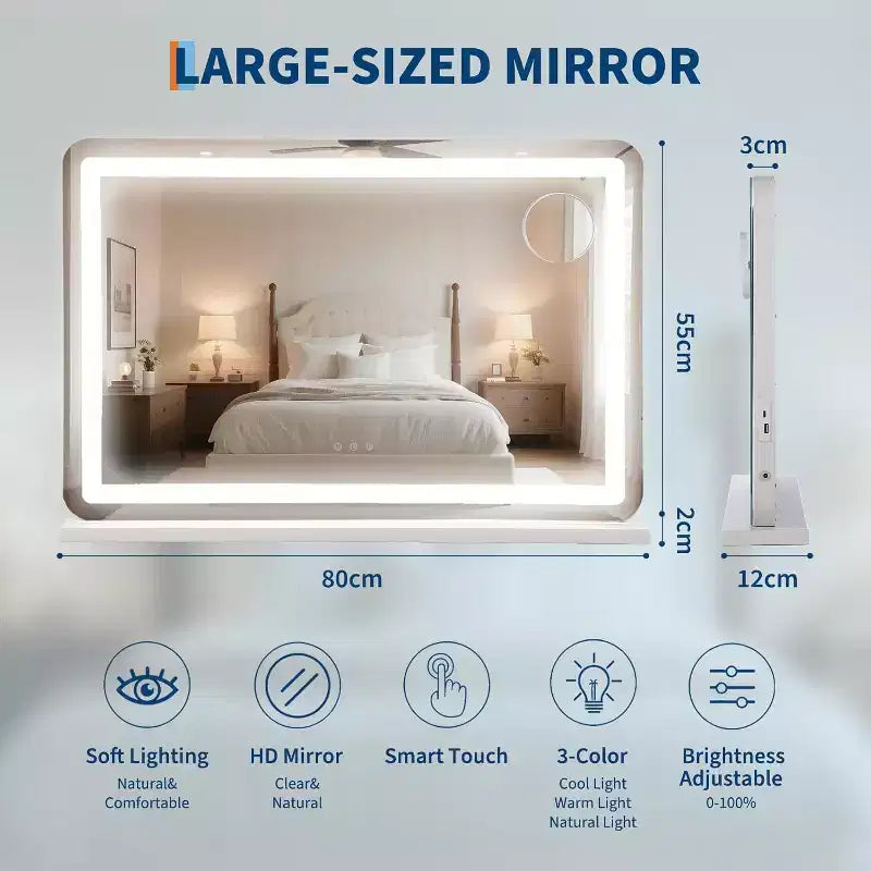 Large Vanity Mirror, 31.5x22.5 Makeup Mirror, 10X Magnifier, Non-Slip Metal Base for Vanity Desk