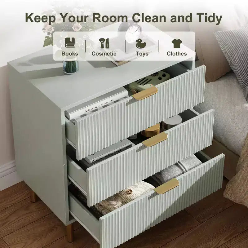 Wooden 30 Tall Fluted 3 Drawer Dresser for Bedroom with Gold Metal Handles & Anti-Tipping Device