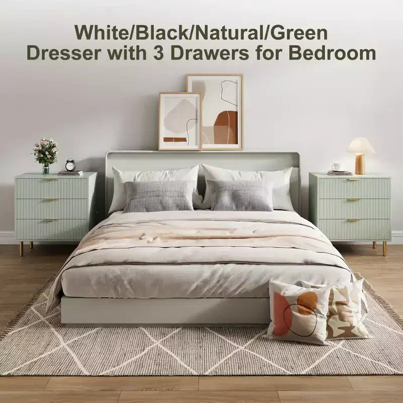 Wooden 30 Tall Fluted 3 Drawer Dresser for Bedroom with Gold Metal Handles & Anti-Tipping Device