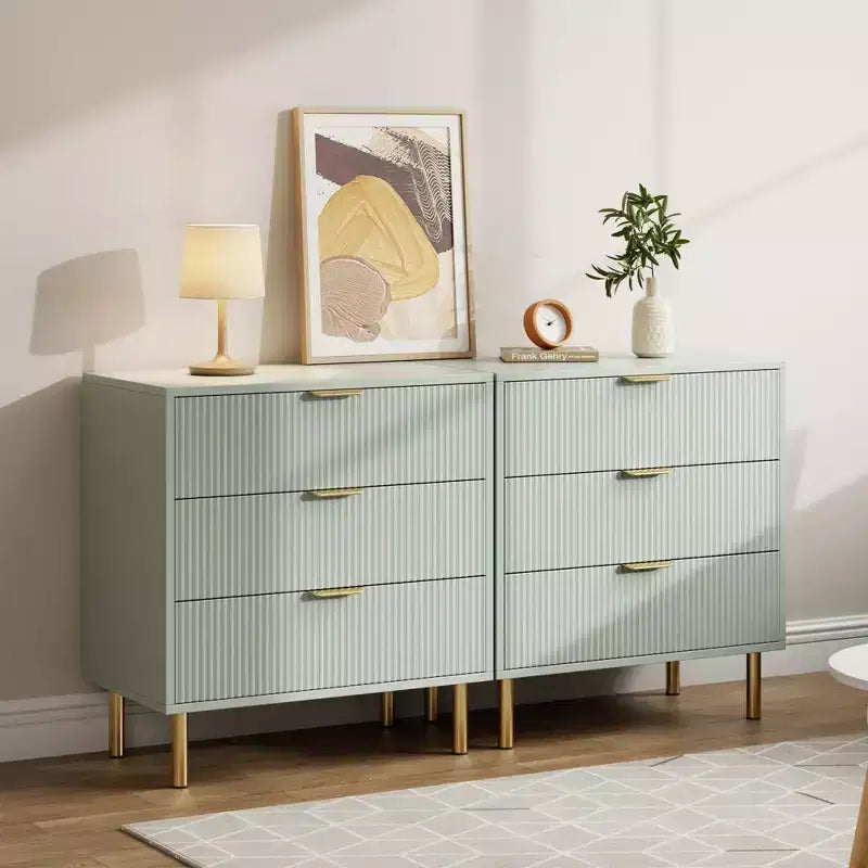 Wooden 30 Tall Fluted 3 Drawer Dresser for Bedroom with Gold Metal Handles & Anti-Tipping Device
