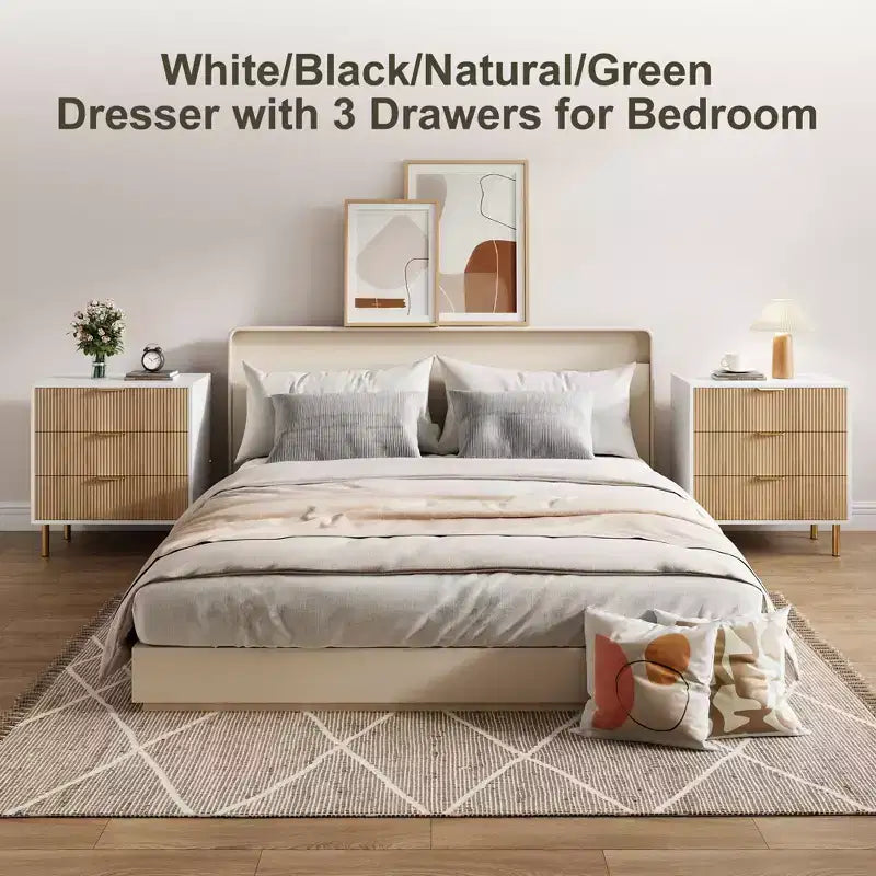 Wooden 30 Tall Fluted 3 Drawer Dresser for Bedroom with Gold Metal Handles & Anti-Tipping Device