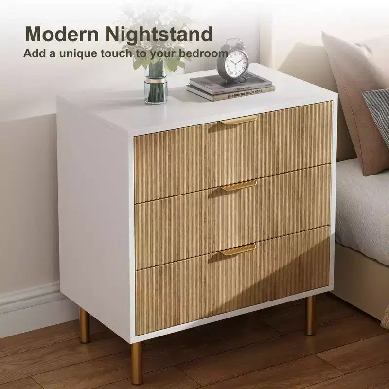 Wooden 30 Tall Fluted 3 Drawer Dresser for Bedroom with Gold Metal Handles & Anti-Tipping Device