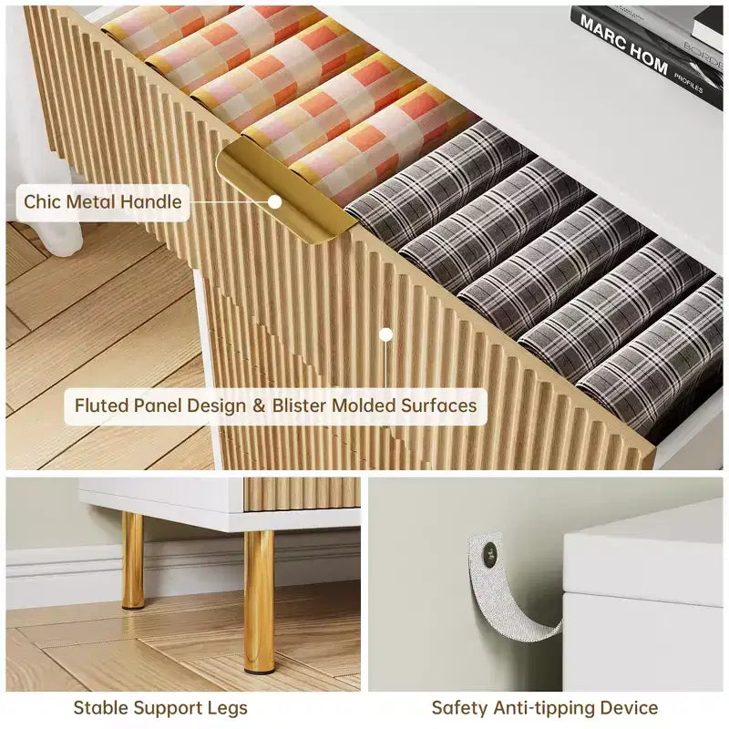 Wooden 30 Tall Fluted 3 Drawer Dresser for Bedroom with Gold Metal Handles & Anti-Tipping Device