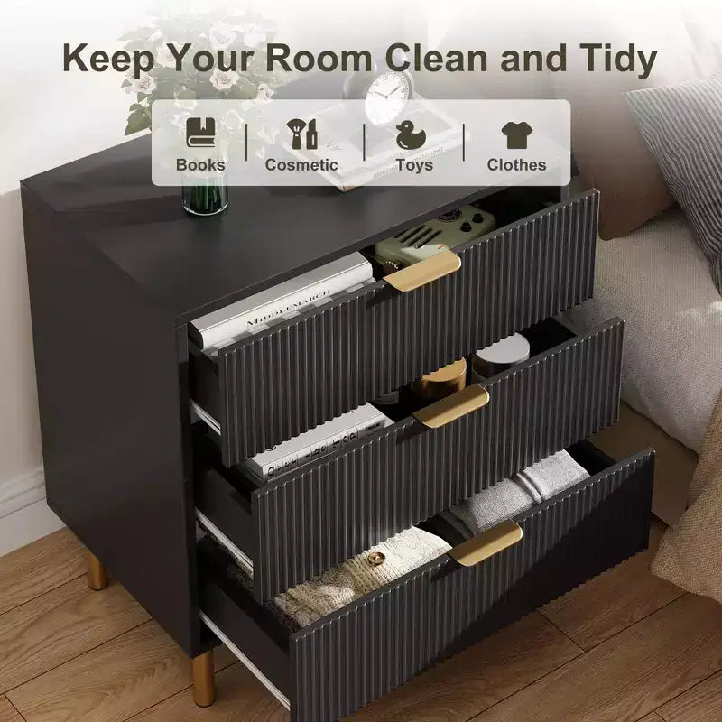 Wooden 30 Tall Fluted 3 Drawer Dresser for Bedroom with Gold Metal Handles & Anti-Tipping Device