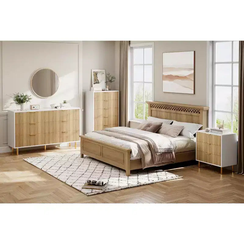 Wooden 30 Tall Fluted 3 Drawer Dresser for Bedroom with Gold Metal Handles & Anti-Tipping Device