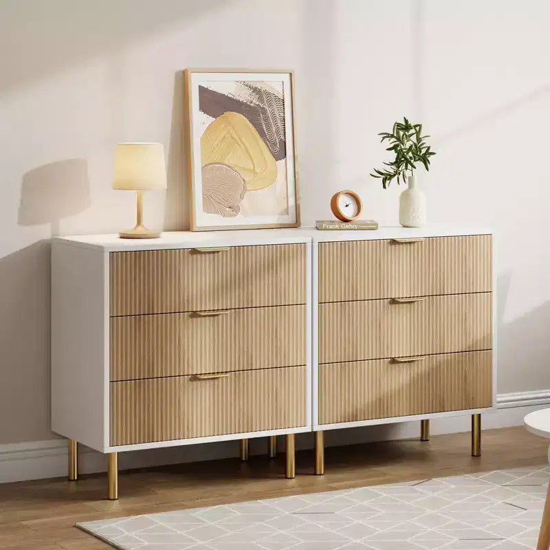 Wooden 30 Tall Fluted 3 Drawer Dresser for Bedroom with Gold Metal Handles & Anti-Tipping Device
