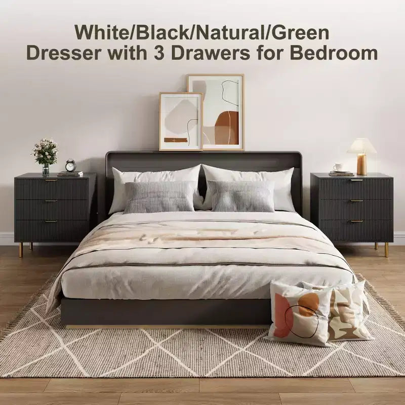 Wooden 30 Tall Fluted 3 Drawer Dresser for Bedroom with Gold Metal Handles & Anti-Tipping Device