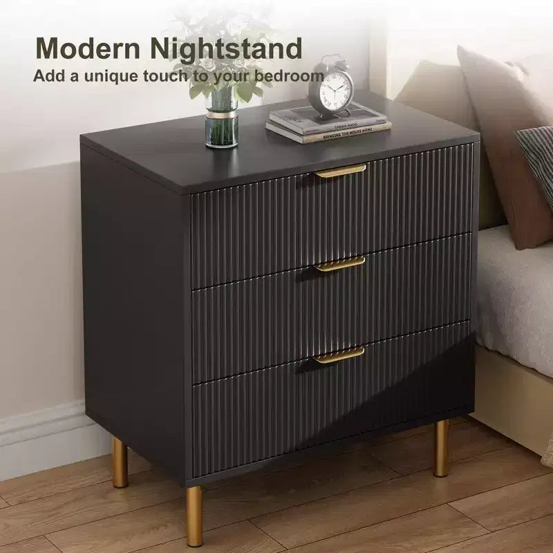 Wooden 30 Tall Fluted 3 Drawer Dresser for Bedroom with Gold Metal Handles & Anti-Tipping Device