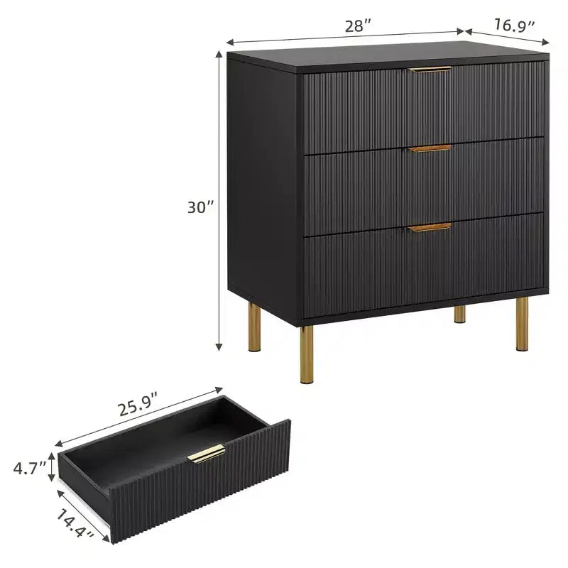 Wooden 30 Tall Fluted 3 Drawer Dresser for Bedroom with Gold Metal Handles & Anti-Tipping Device