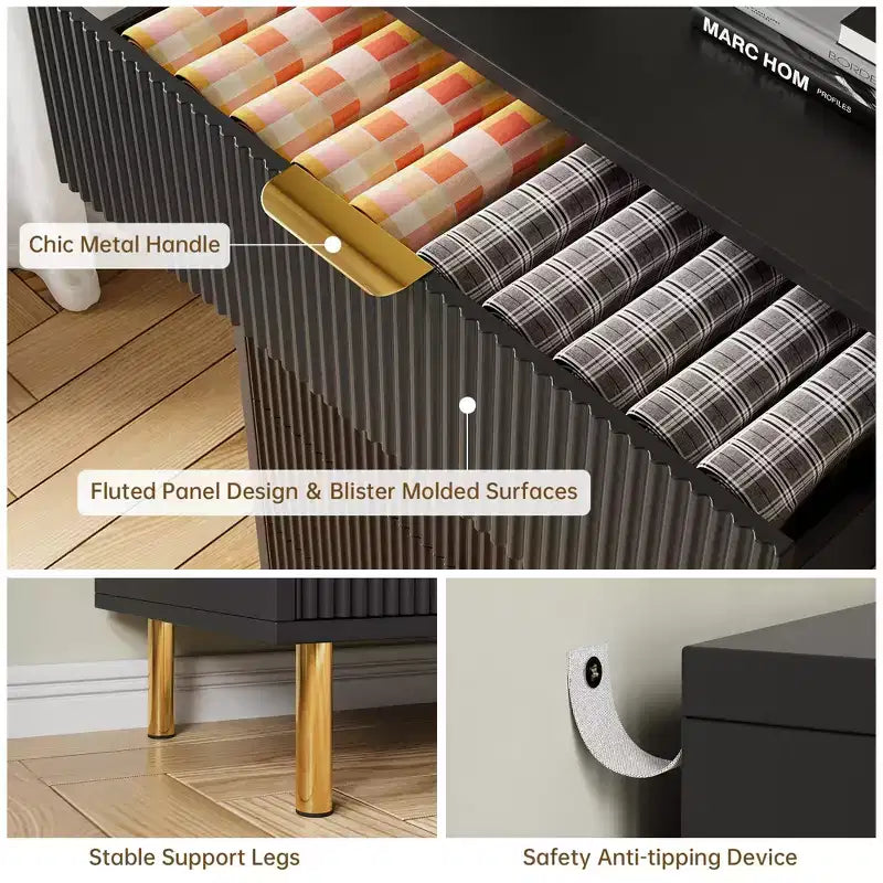 Wooden 30 Tall Fluted 3 Drawer Dresser for Bedroom with Gold Metal Handles & Anti-Tipping Device