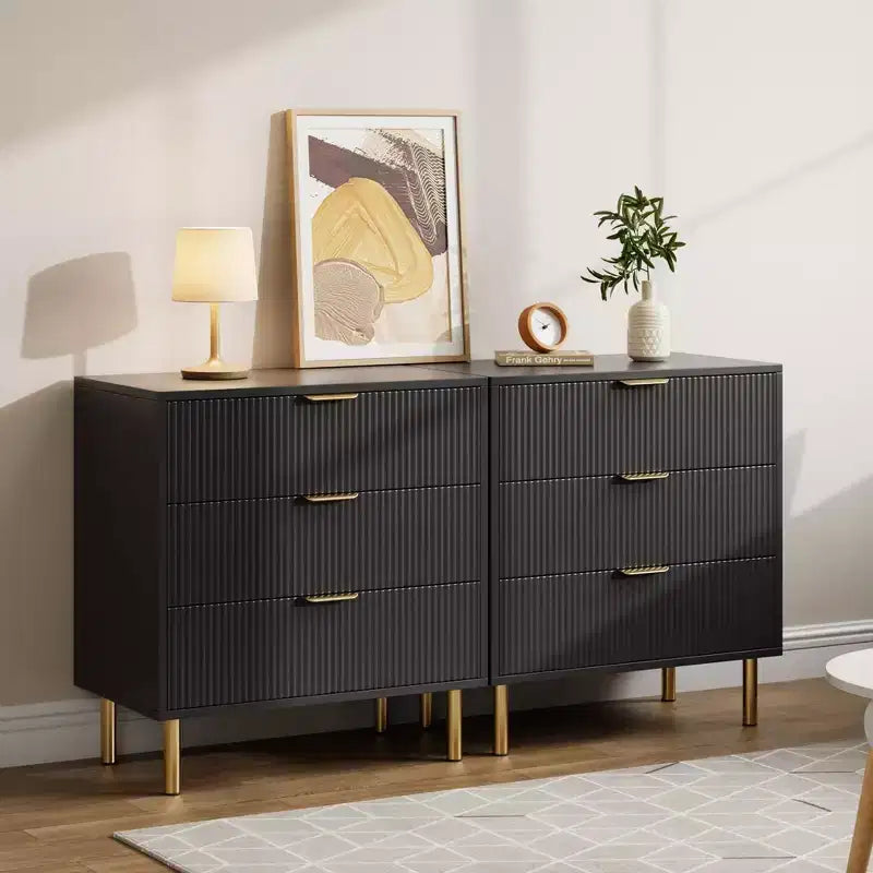 Wooden 30 Tall Fluted 3 Drawer Dresser for Bedroom with Gold Metal Handles & Anti-Tipping Device