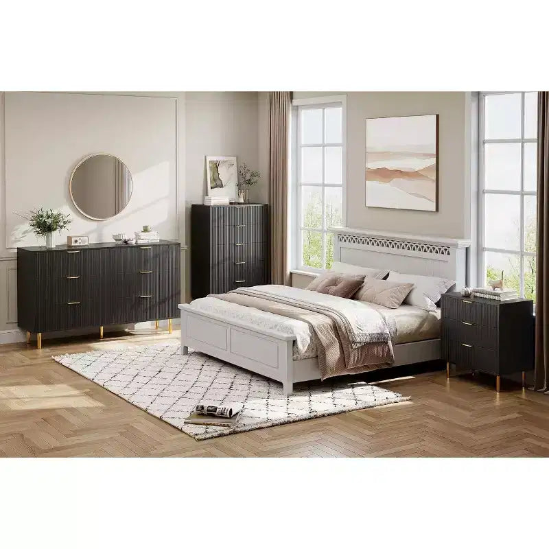 Wooden 30 Tall Fluted 3 Drawer Dresser for Bedroom with Gold Metal Handles & Anti-Tipping Device