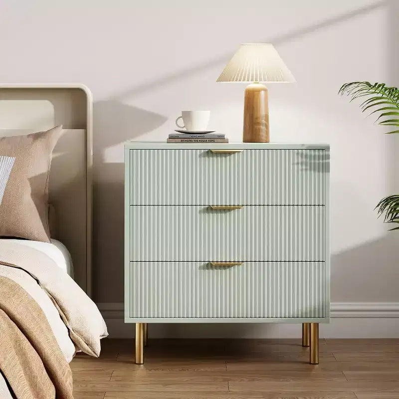 Wooden 30 Tall Fluted 3 Drawer Dresser for Bedroom with Gold Metal Handles & Anti-Tipping Device