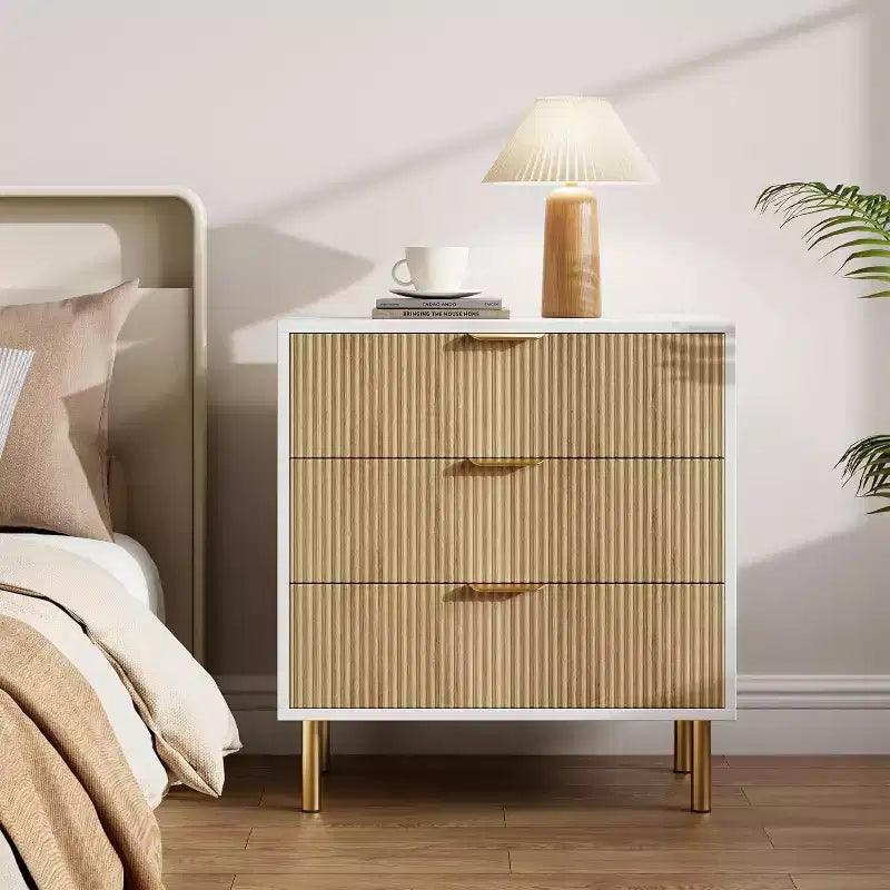 Wooden 30 Tall Fluted 3 Drawer Dresser for Bedroom with Gold Metal Handles & Anti-Tipping Device