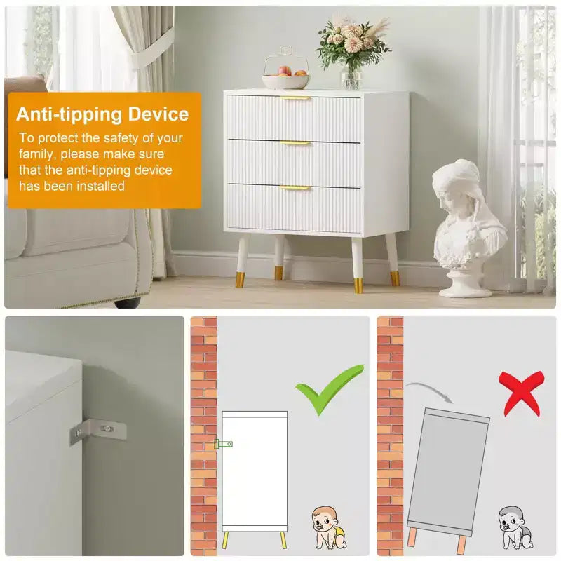 Modern Small Fluted 3 Drawer Dresser for Bedroom, Nightstand