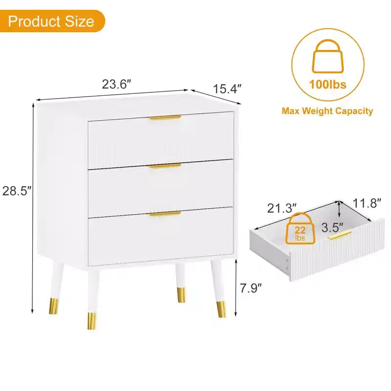 Modern Small Fluted 3 Drawer Dresser for Bedroom, Nightstand
