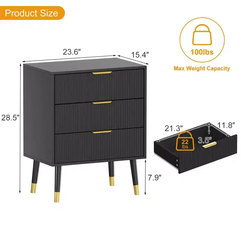 Modern Small Fluted 3 Drawer Dresser for Bedroom, Nightstand