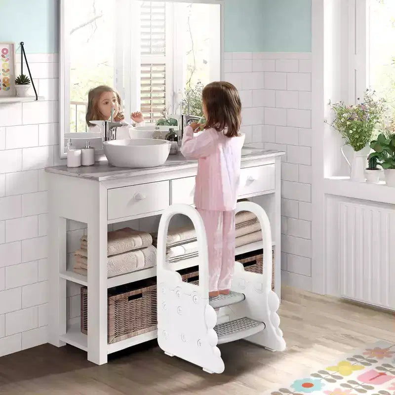 Toddler Step Stool for Bathroom Sink, 2 Step Stools for Kids, Anti-Slip Stool for Kitchen Counter, Potty Training Toilet Stool with Handrail
