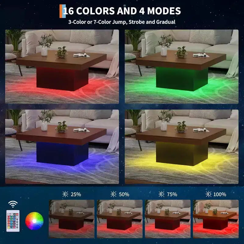 Square Coffee Table with 16-Color Led Lights, 35 inch Modern Living Room Tables, Cocktail Table for Home Office, Apartment, Reading Room