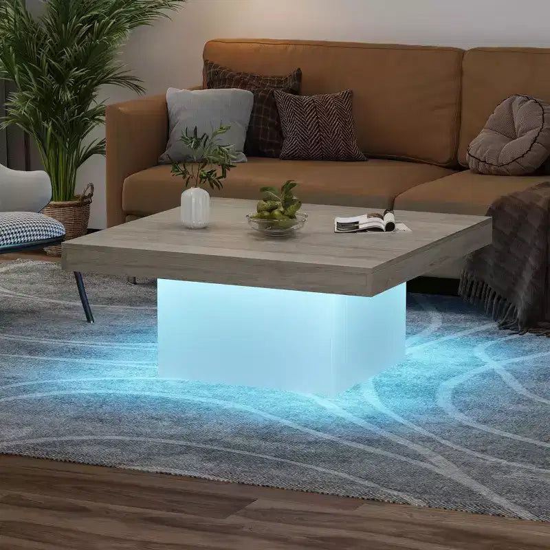 Square Coffee Table with 16-Color Led Lights, 35 inch Modern Living Room Tables, Cocktail Table for Home Office, Apartment, Reading Room