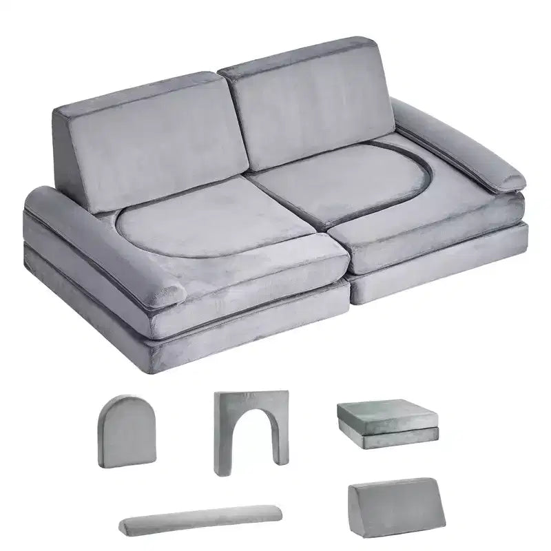 VEVOR Modular Kids Play Couch, Sectional Toddler Sofa with Armrests, 28D Sponge & Short Pile, Convertible Kids Modular Couch, 10 Pcs, Gray