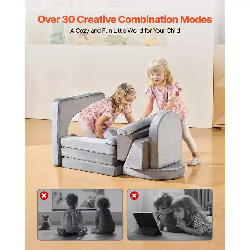 Modular Kids Play Couch, Sectional Toddler Sofa with Armrests, 28D Sponge & Short Pile, Convertible Kids Modular Couch, 10 Pcs, Gray