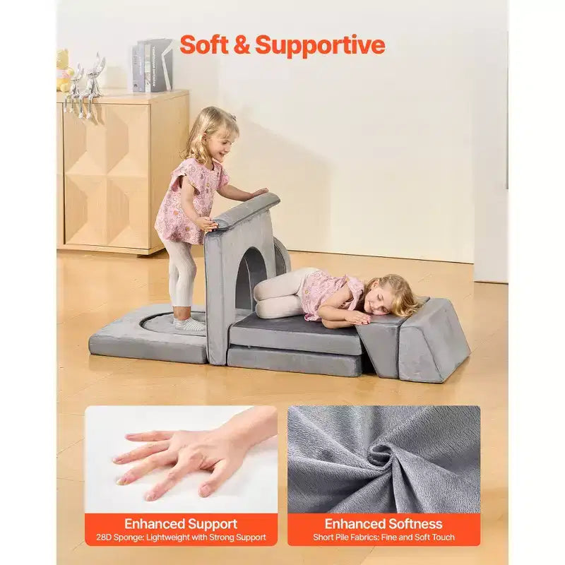 Modular Kids Play Couch, Sectional Toddler Sofa with Armrests, 28D Sponge & Short Pile, Convertible Kids Modular Couch, 10 Pcs, Gray