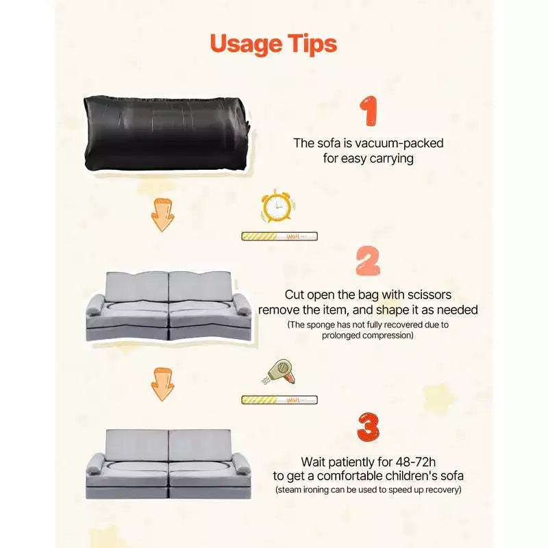 Modular Kids Play Couch, Sectional Toddler Sofa with Armrests, 28D Sponge & Short Pile, Convertible Kids Modular Couch, 10 Pcs, Gray