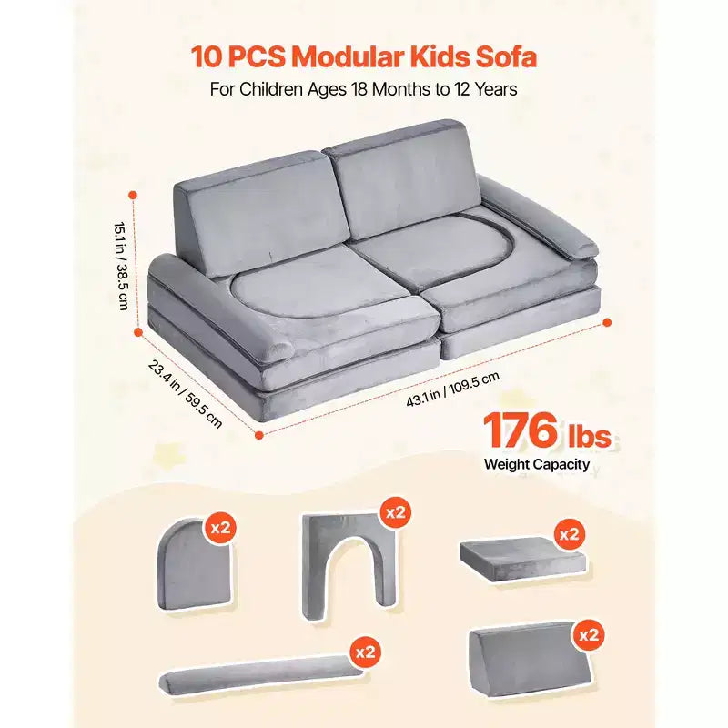 Modular Kids Play Couch, Sectional Toddler Sofa with Armrests, 28D Sponge & Short Pile, Convertible Kids Modular Couch, 10 Pcs, Gray
