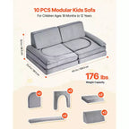 Modular Kids Play Couch, Sectional Toddler Sofa with Armrests, 28D Sponge & Short Pile, Convertible Kids Modular Couch, 10 Pcs, Gray