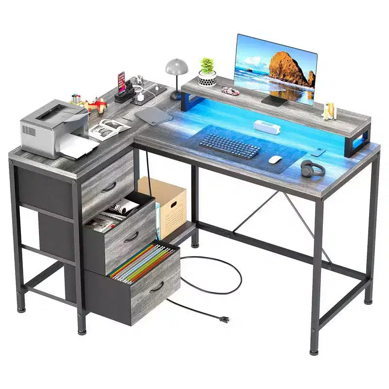 U Shaped Computer Gaming Desk, 79 Reversible l Shaped Computer Desk with Power Outlet & LED Strip