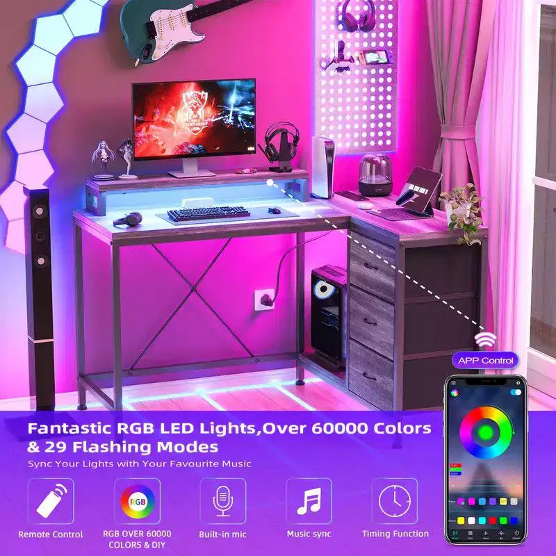 U Shaped Computer Gaming Desk, 79 Reversible l Shaped Computer Desk with Power Outlet & LED Strip