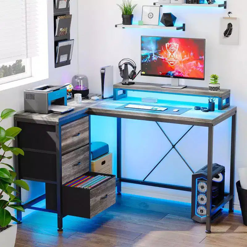 U Shaped Computer Gaming Desk, 79 Reversible l Shaped Computer Desk with Power Outlet & LED Strip