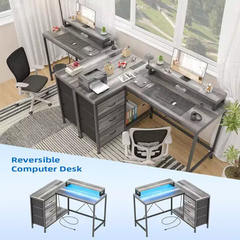 U Shaped Computer Gaming Desk, 79 Reversible l Shaped Computer Desk with Power Outlet & LED Strip