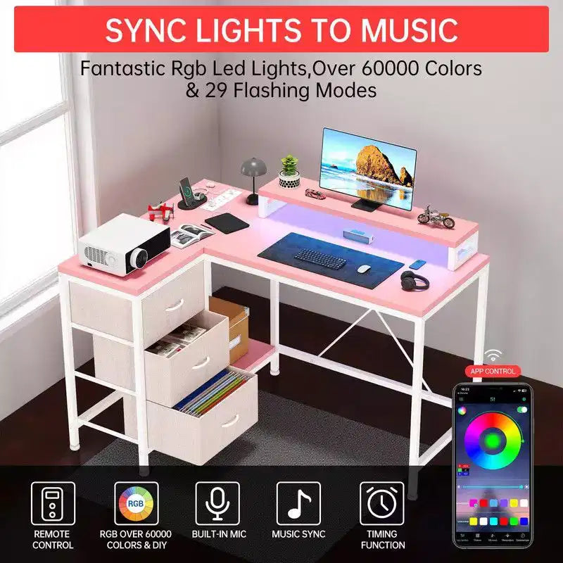 U Shaped Computer Gaming Desk, 79 Reversible l Shaped Computer Desk with Power Outlet & LED Strip