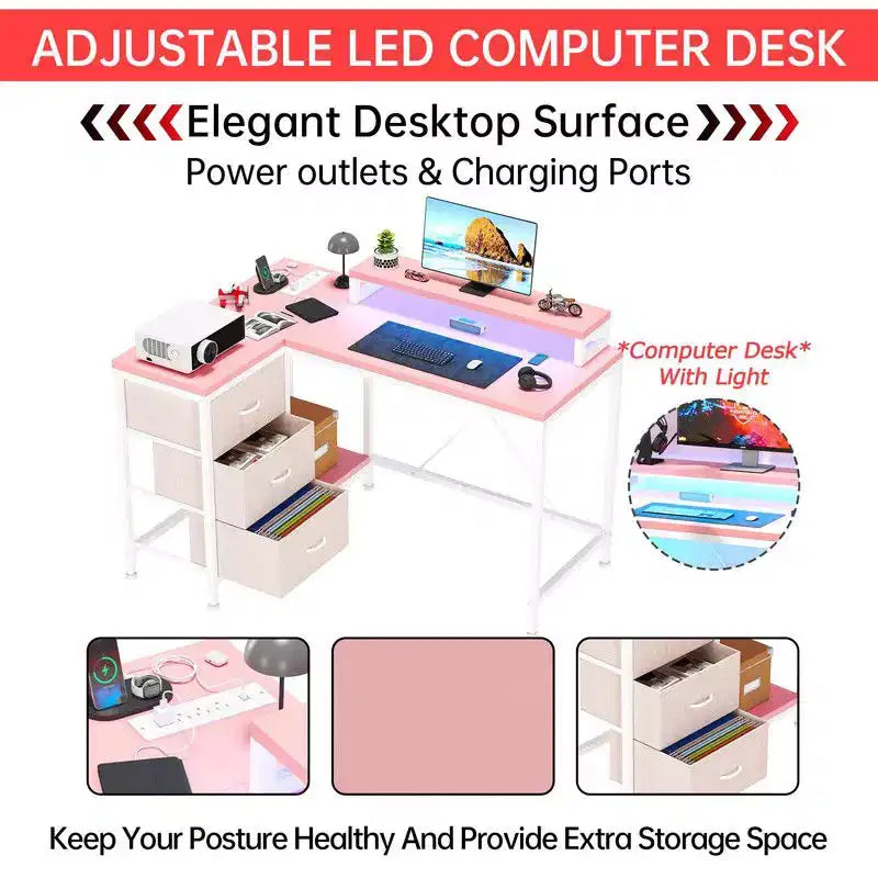 U Shaped Computer Gaming Desk, 79 Reversible l Shaped Computer Desk with Power Outlet & LED Strip