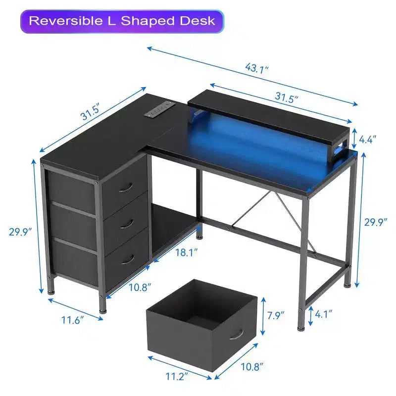 U Shaped Computer Gaming Desk, 79 Reversible l Shaped Computer Desk with Power Outlet & LED Strip