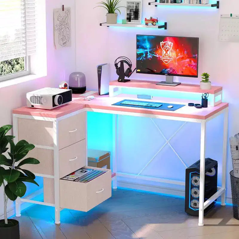U Shaped Computer Gaming Desk, 79 Reversible l Shaped Computer Desk with Power Outlet & LED Strip