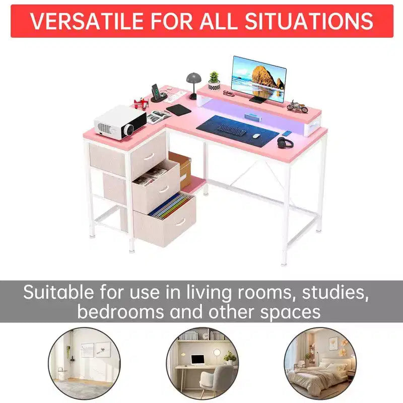 U Shaped Computer Gaming Desk, 79 Reversible l Shaped Computer Desk with Power Outlet & LED Strip