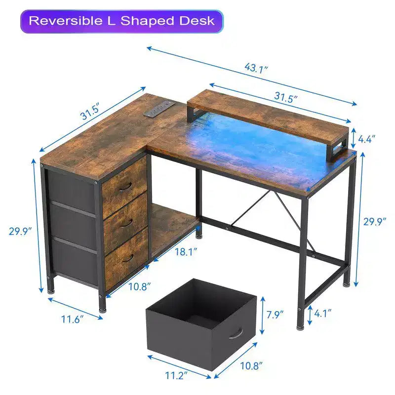 U Shaped Computer Gaming Desk, 79 Reversible l Shaped Computer Desk with Power Outlet & LED Strip