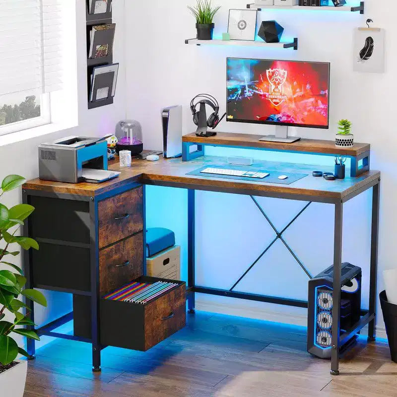 U Shaped Computer Gaming Desk, 79 Reversible l Shaped Computer Desk with Power Outlet & LED Strip