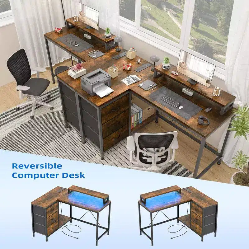 U Shaped Computer Gaming Desk, 79 Reversible l Shaped Computer Desk with Power Outlet & LED Strip